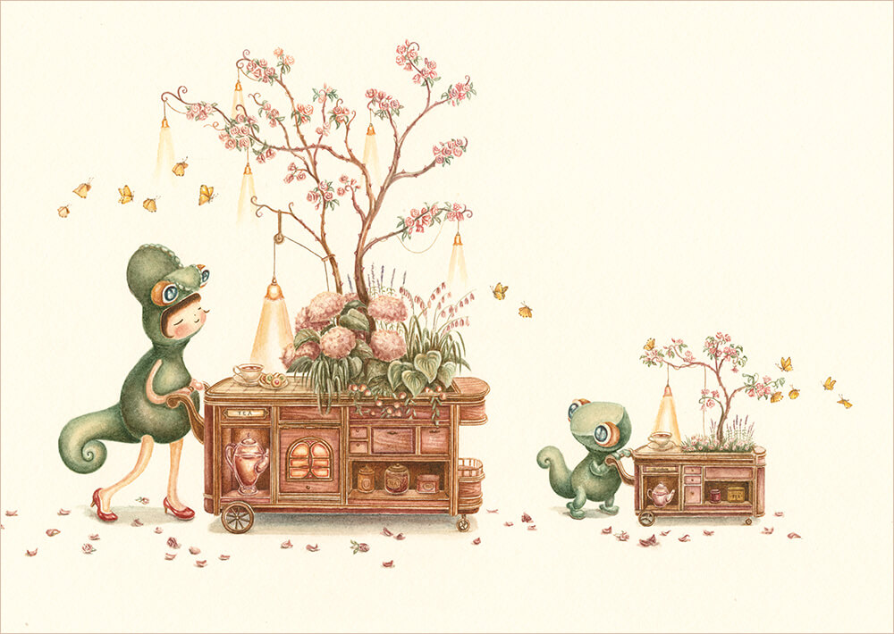 紅茶を載せたワゴンを押す姉弟のイラスト