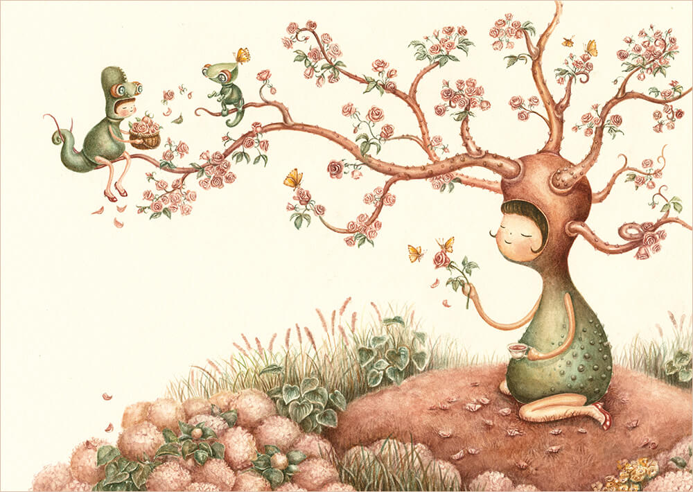 木の上で花を摘んでいる姉弟のイラスト