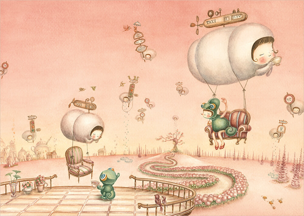 紅茶雲に乗っている姉弟のイラスト