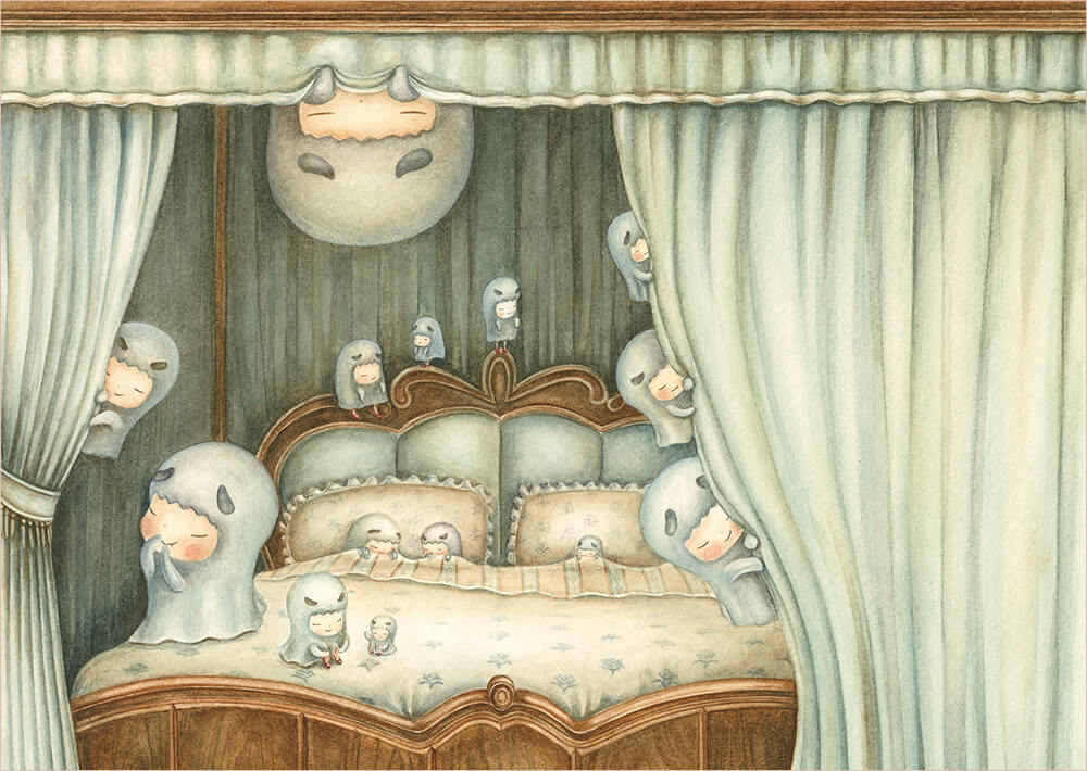 たくさんのおばけがベッドにいるイラスト