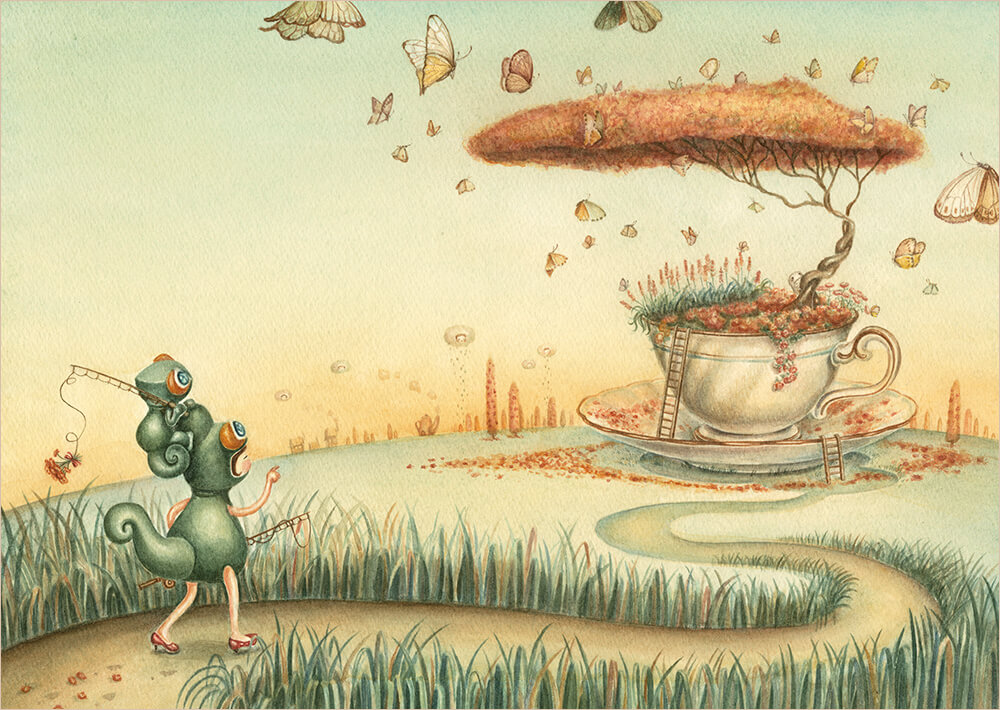 釣り竿を持って出かける姉弟のイラスト