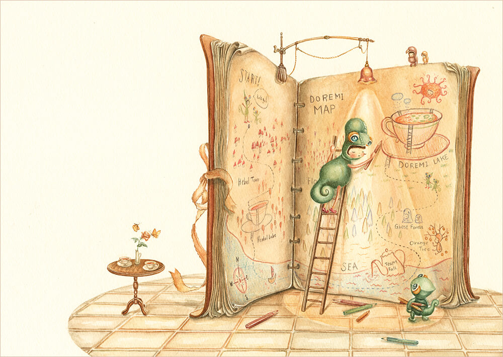 音楽会へ出かけるための地図を書いている姉弟のイラスト