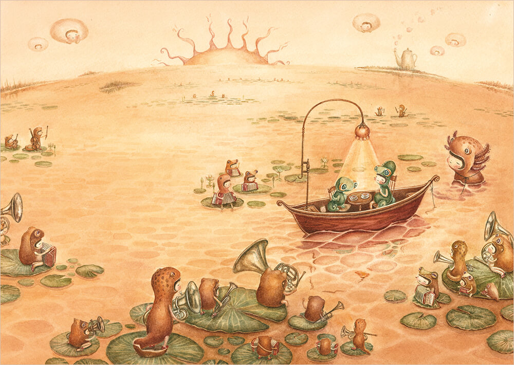 ティーカップの湖で音楽隊の演奏を聴く姉弟のイラスト