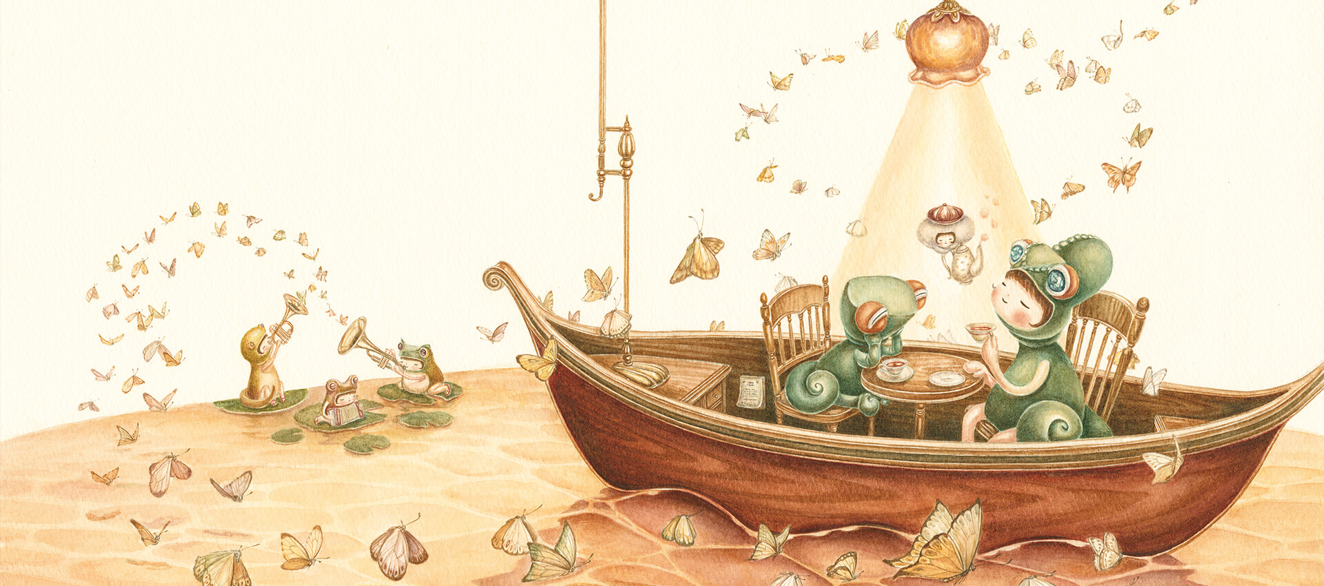 ティーとカメレオンが紅茶の湖の上でふねに乗っている絵本表紙の絵